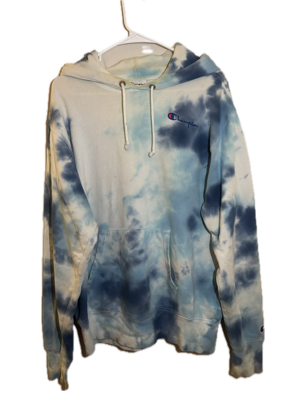 Champion Tie Dye Hoodie Medium Blue White Embroidered Logo
